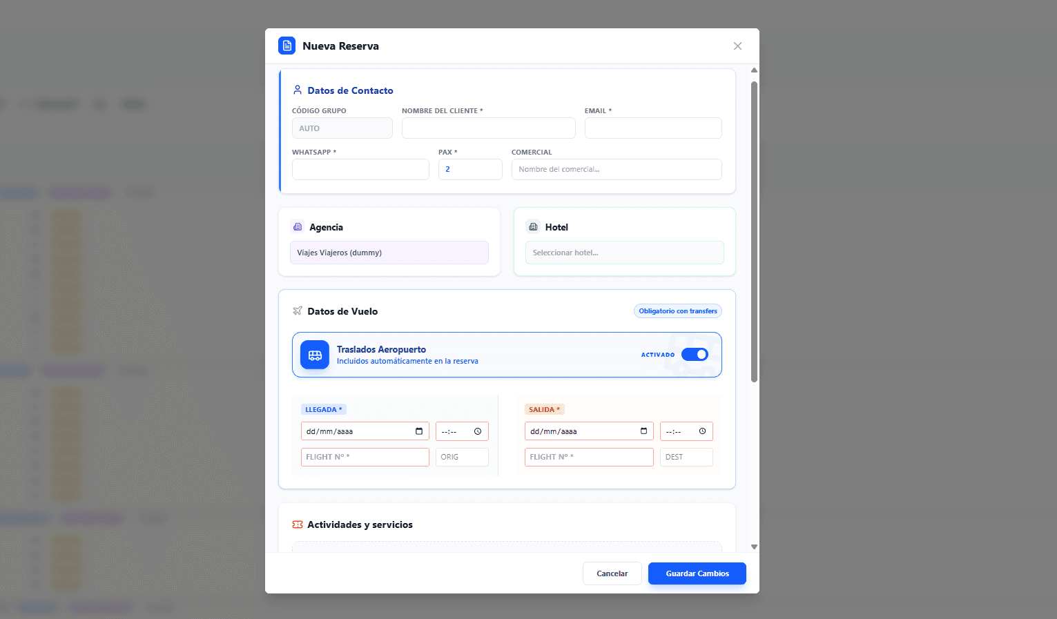 Panel de introducción de reservas