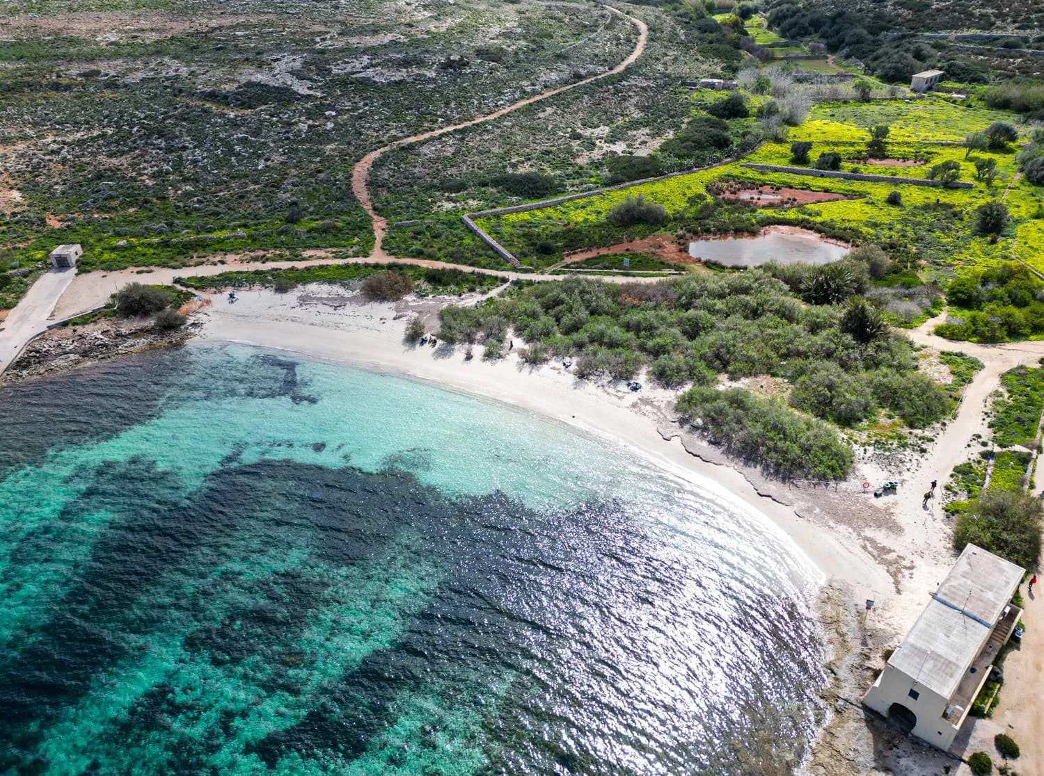 Santa Marija Bay desde el aire: playa de arena en forma de media luna, agua turquesa y el camino que llega desde el interior de Comino